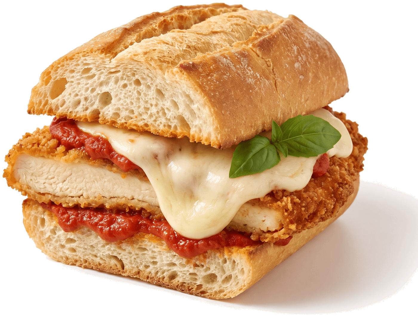 Half of a chicken parm sandwich, cheese pulling from the crust